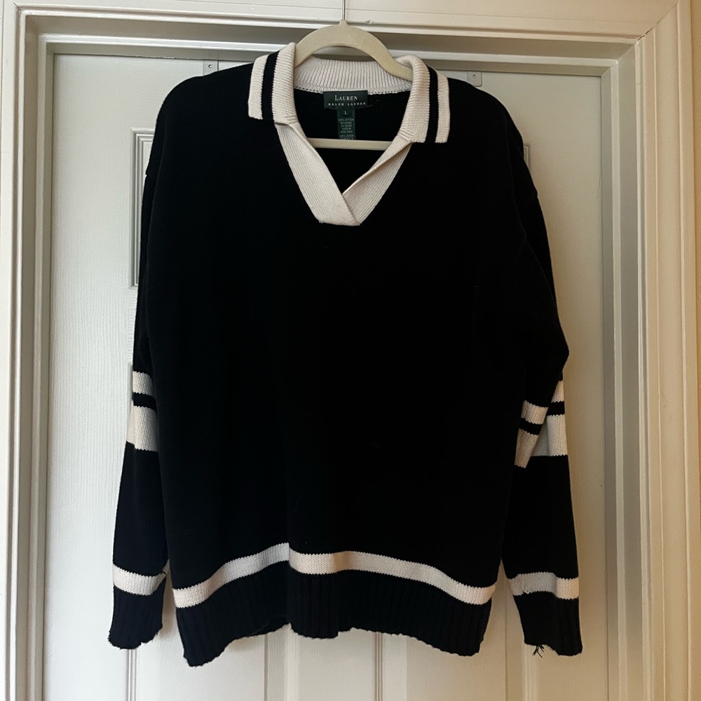 Lauren Ralph Lauren Black V-Neck Rugby Sweater with Cream Trim